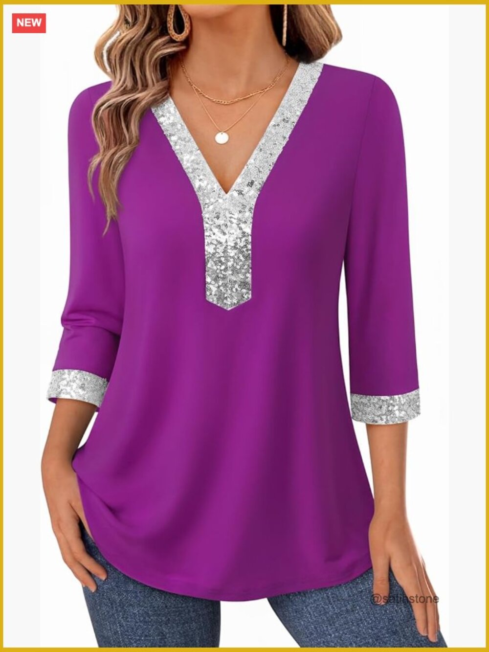 Womens Dressy Sequin V Neck 3/4 Sleeve Tunic Tops Blouses Work Shirts